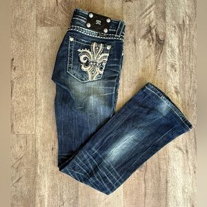 Miss Me Y2K Buckle Distressed Embellished Rhinestone Denim Bootcut Jeans Size 28